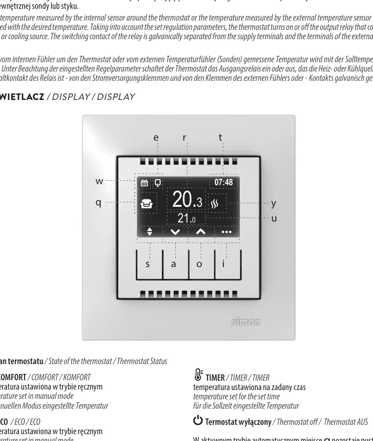 Detail from the thermostat instruction showing an annotated product display and the meaning of interface states.